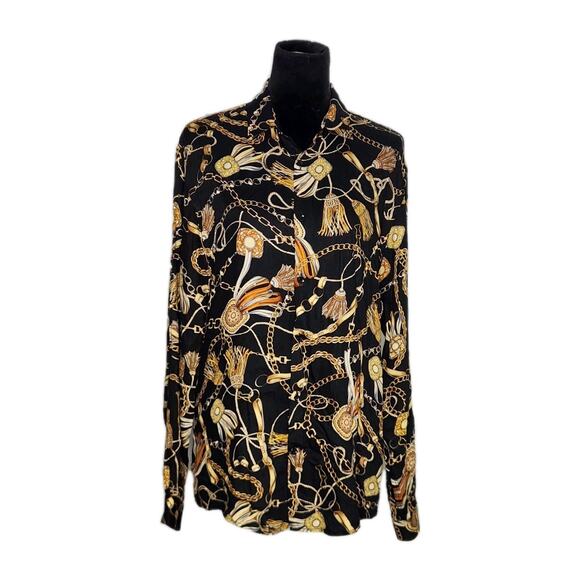 Zara Long sleeve Chain Tassel Baroque Print Shirt Tunic Top Black Gold Size M - Picture 1 of 6